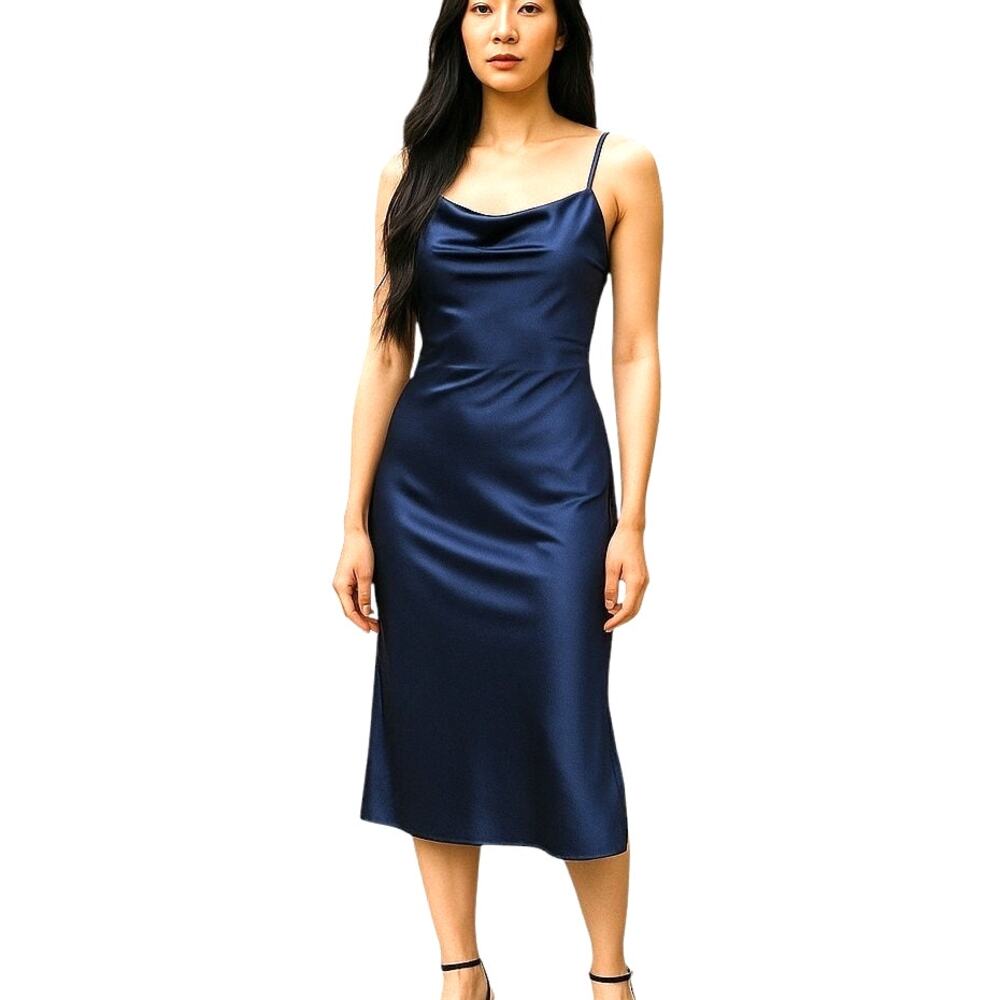 Xxxiticat Slip Dress Women's Size S Blue Satin Adjustable Straps Side Slits